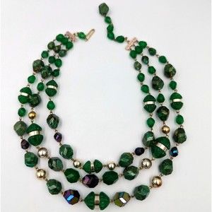 West Germany Lucite Necklace 3 Strands Green Plastic Beads AB Coating Vintage